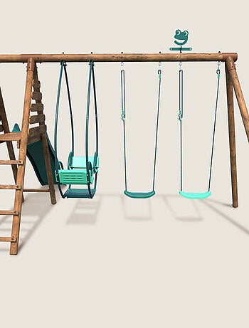 Portique en bois rond 3 agrès avec face à face et toboggan NARCISSE