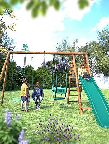 Portique en bois rond 3 agrès avec face à face et toboggan NARCISSE
