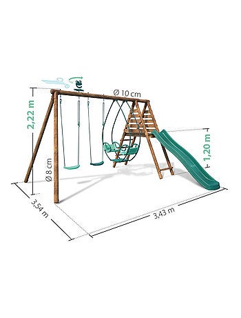 Portique en bois rond 3 agrès avec face à face et toboggan NARCISSE