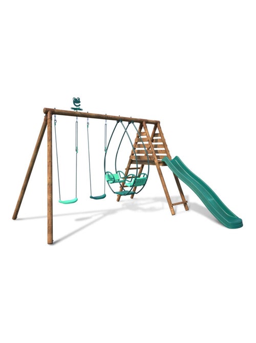 Portique en bois rond 3 agrès avec face à face et toboggan NARCISSE - Kiabi