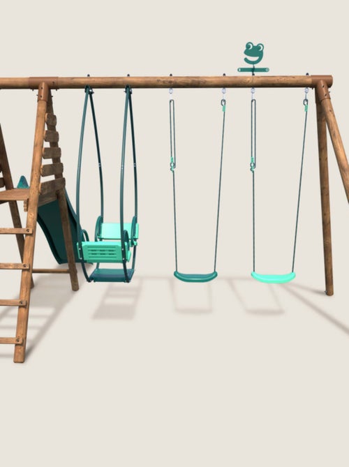 Portique en bois rond 3 agrès avec face à face et toboggan NARCISSE - Kiabi