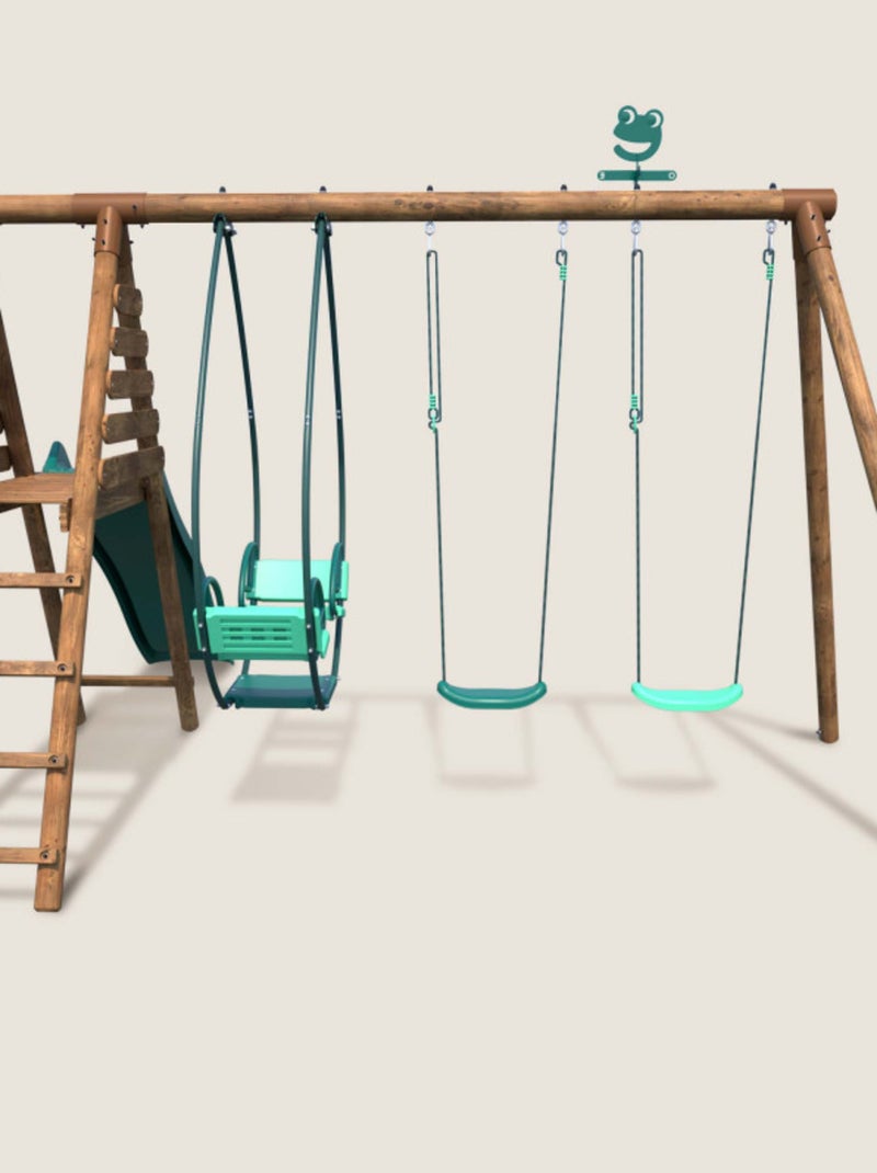 Portique en bois rond 3 agrès avec face à face et toboggan NARCISSE Marron - Kiabi