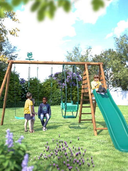 Portique en bois rond 3 agrès avec face à face et toboggan NARCISSE - Kiabi