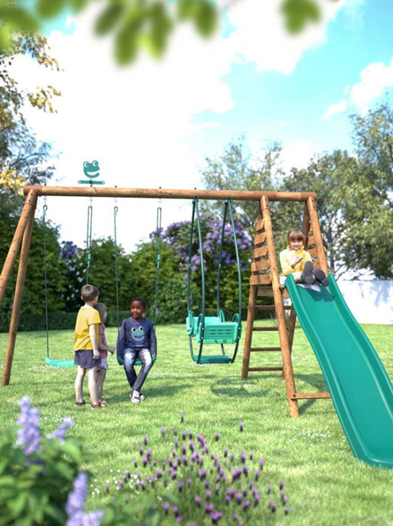 Portique en bois rond 3 agrès avec face à face et toboggan NARCISSE Marron - Kiabi