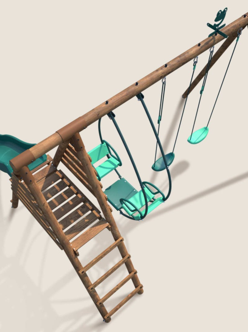 Portique en bois rond 3 agrès avec face à face et toboggan NARCISSE Marron - Kiabi