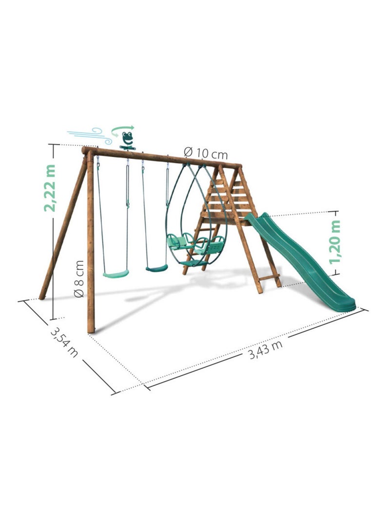 Portique en bois rond 3 agrès avec face à face et toboggan NARCISSE Marron - Kiabi