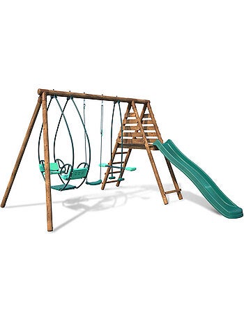Portique en bois rond 3 agrès avec face à face et toboggan NIGEL