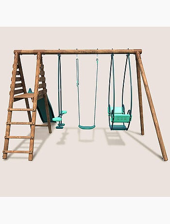Portique en bois rond 3 agrès avec face à face et toboggan NIGEL