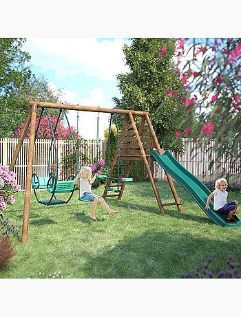 Portique en bois rond 3 agrès avec face à face et toboggan NIGEL