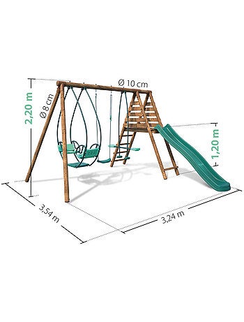 Portique en bois rond 3 agrès avec face à face et toboggan NIGEL