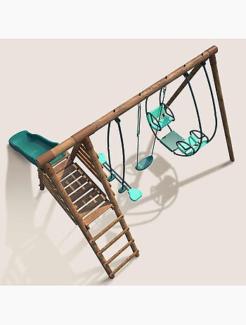 Portique en bois rond 3 agrès avec face à face et toboggan NIGEL