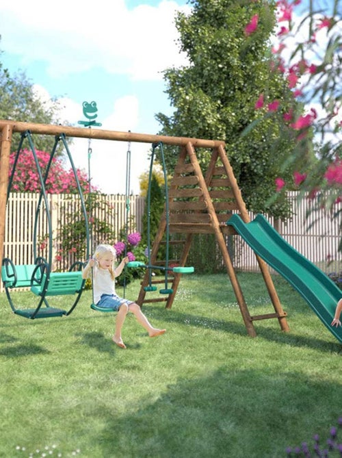 Portique en bois rond 3 agrès avec face à face et toboggan NIGEL - Kiabi