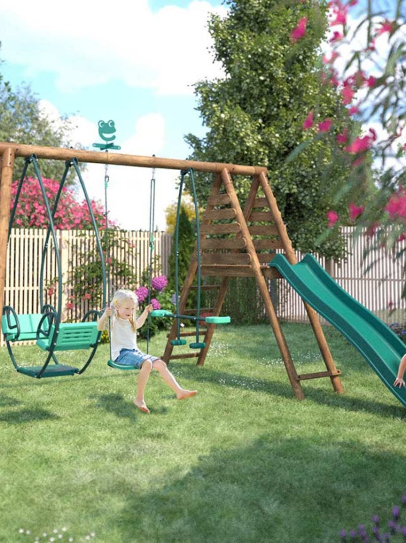 Portique en bois rond 3 agrès avec face à face et toboggan NIGEL Marron - Kiabi