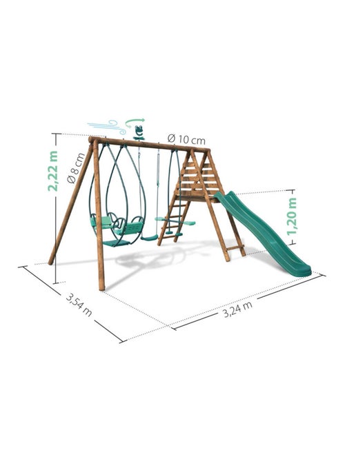 Portique en bois rond 3 agrès avec face à face et toboggan NIGEL - Kiabi