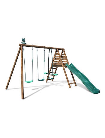 Portique en bois rond 3 agrès avec face à face et toboggan VIOLETTE