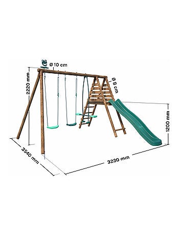 Portique en bois rond 3 agrès avec face à face et toboggan VIOLETTE