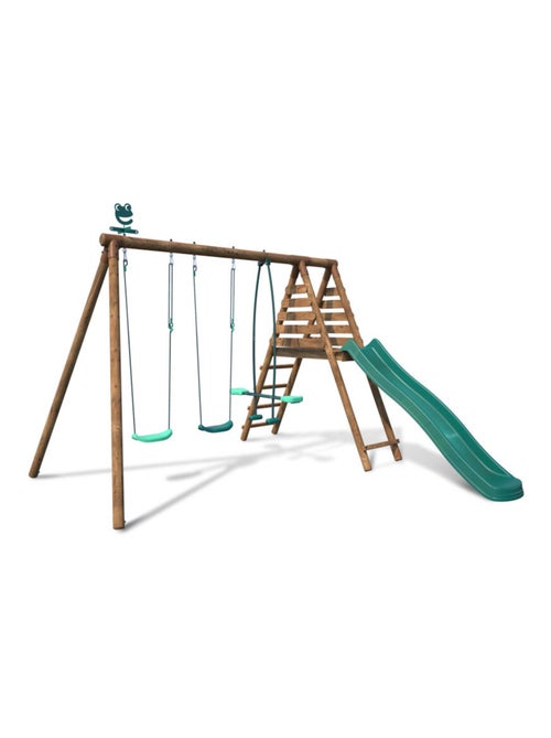 Portique en bois rond 3 agrès avec face à face et toboggan VIOLETTE - Kiabi
