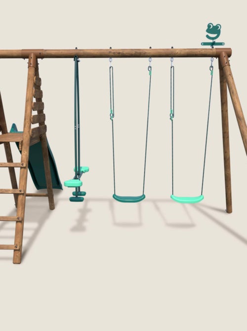 Portique en bois rond 3 agrès avec face à face et toboggan VIOLETTE - Kiabi