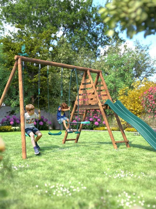 Portique en bois rond 3 agrès avec face à face et toboggan VIOLETTE - Kiabi