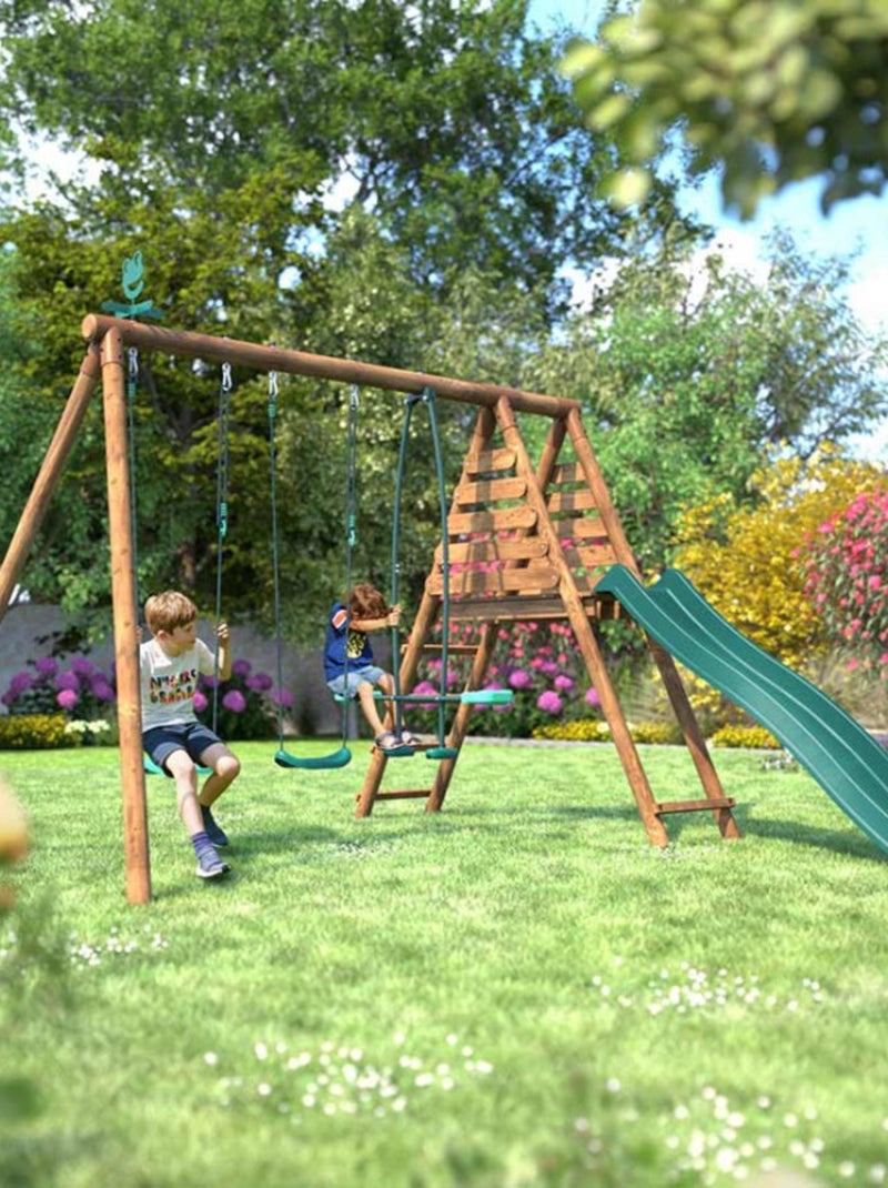 Portique en bois rond 3 agrès avec face à face et toboggan VIOLETTE Marron - Kiabi