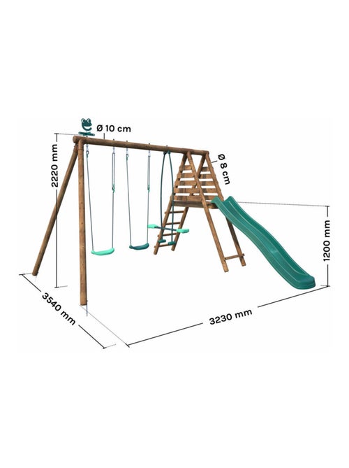 Portique en bois rond 3 agrès avec face à face et toboggan VIOLETTE - Kiabi