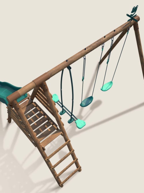 Portique en bois rond 3 agrès avec face à face et toboggan VIOLETTE - Kiabi