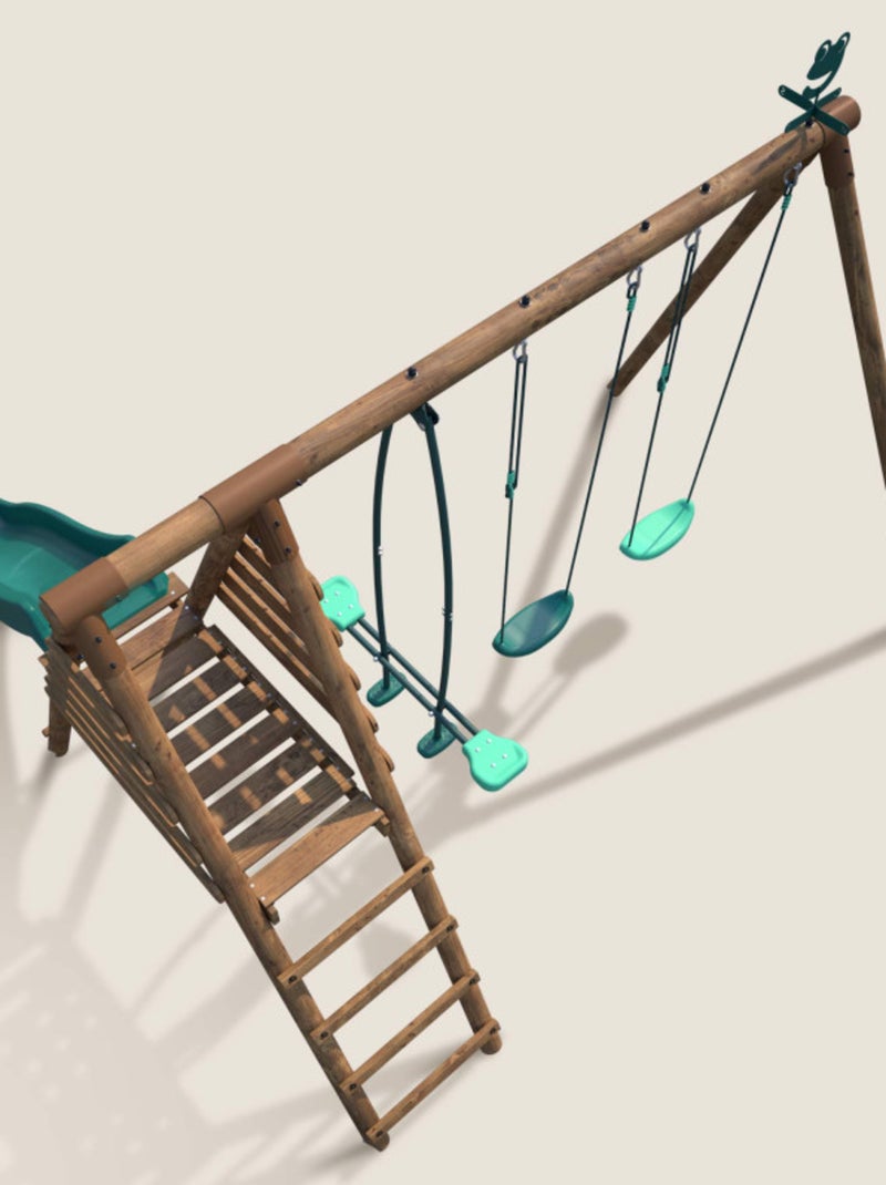 Portique en bois rond 3 agrès avec face à face et toboggan VIOLETTE Marron - Kiabi