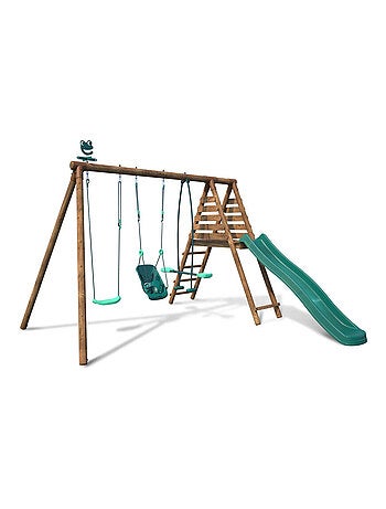Portique en bois rond 3 agrès balançoire bébé, face à face et toboggan TULIPE