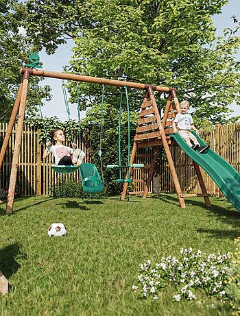 Portique en bois rond 3 agrès balançoire bébé, face à face et toboggan TULIPE