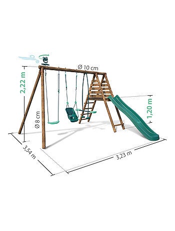 Portique en bois rond 3 agrès balançoire bébé, face à face et toboggan TULIPE