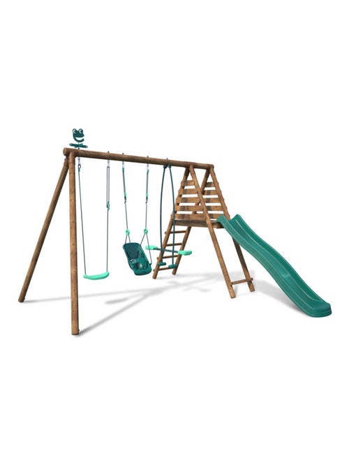 Portique en bois rond 3 agrès balançoire bébé, face à face et toboggan TULIPE - Kiabi