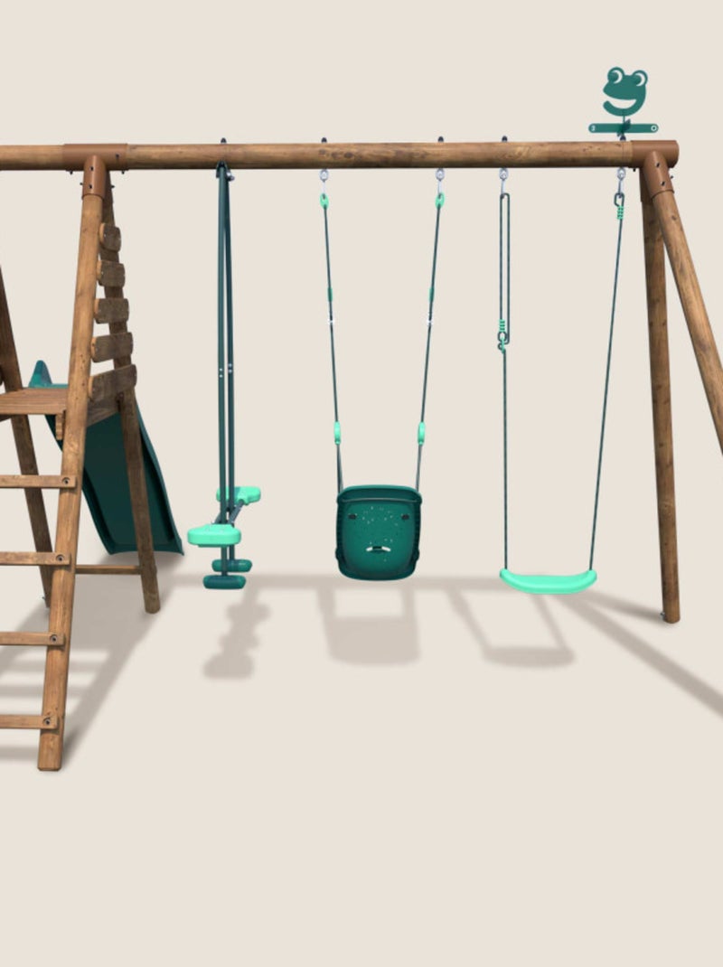 Portique en bois rond 3 agrès balançoire bébé, face à face et toboggan TULIPE Marron - Kiabi