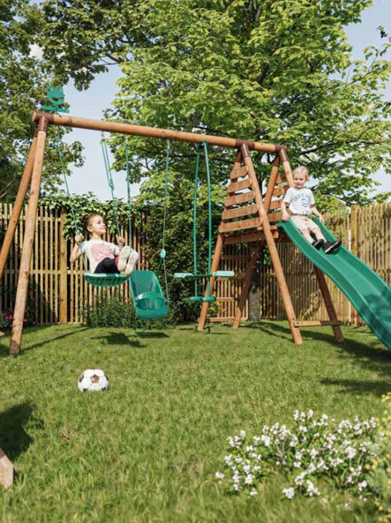 Portique en bois rond 3 agrès balançoire bébé, face à face et toboggan TULIPE Marron - Kiabi