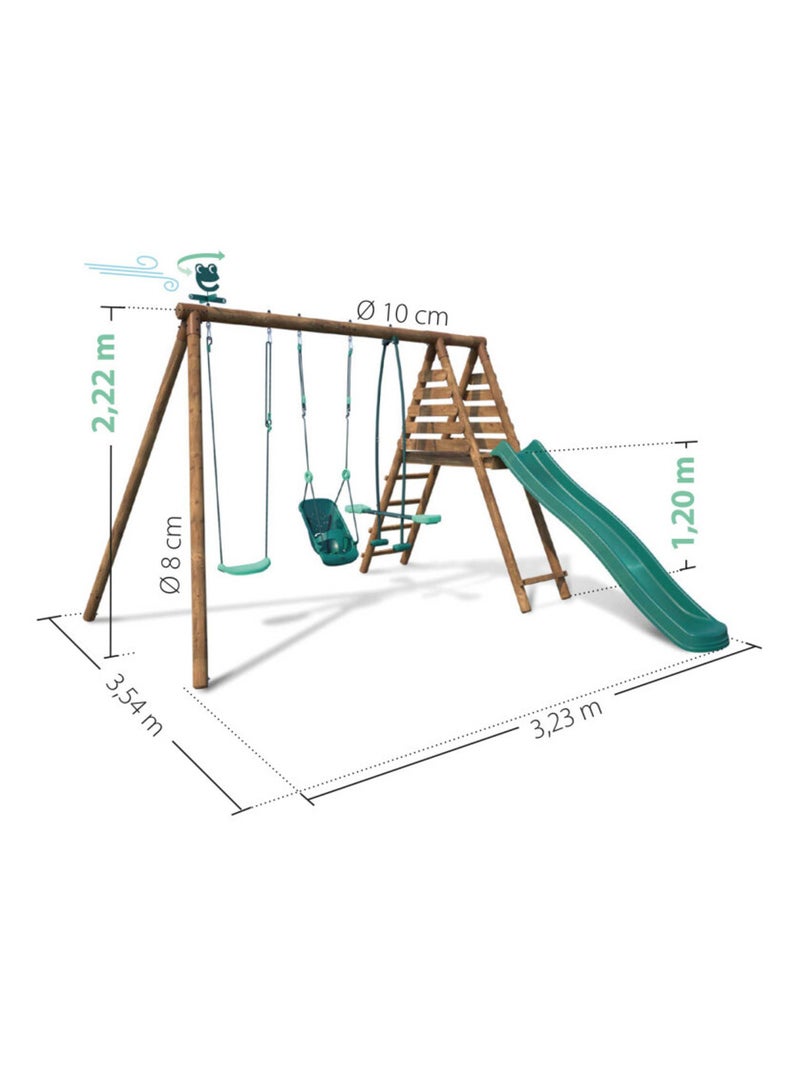Portique en bois rond 3 agrès balançoire bébé, face à face et toboggan TULIPE Marron - Kiabi