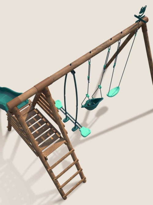 Portique en bois rond 3 agrès balançoire bébé, face à face et toboggan TULIPE - Kiabi