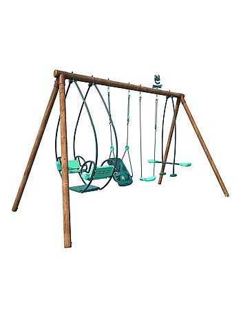 Portique en bois rond 4 agrès avec balançoire bébé et face à face SUZANNE