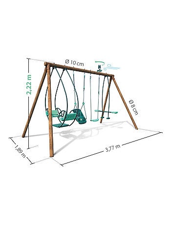 Portique en bois rond 4 agrès avec balançoire bébé et face à face SUZANNE