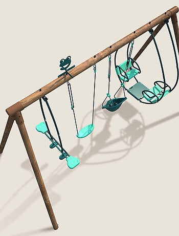Portique en bois rond 4 agrès avec balançoire bébé et face à face SUZANNE