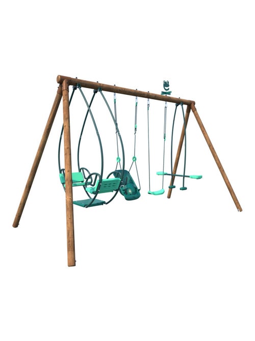 Portique en bois rond 4 agrès avec balançoire bébé et face à face SUZANNE - Kiabi