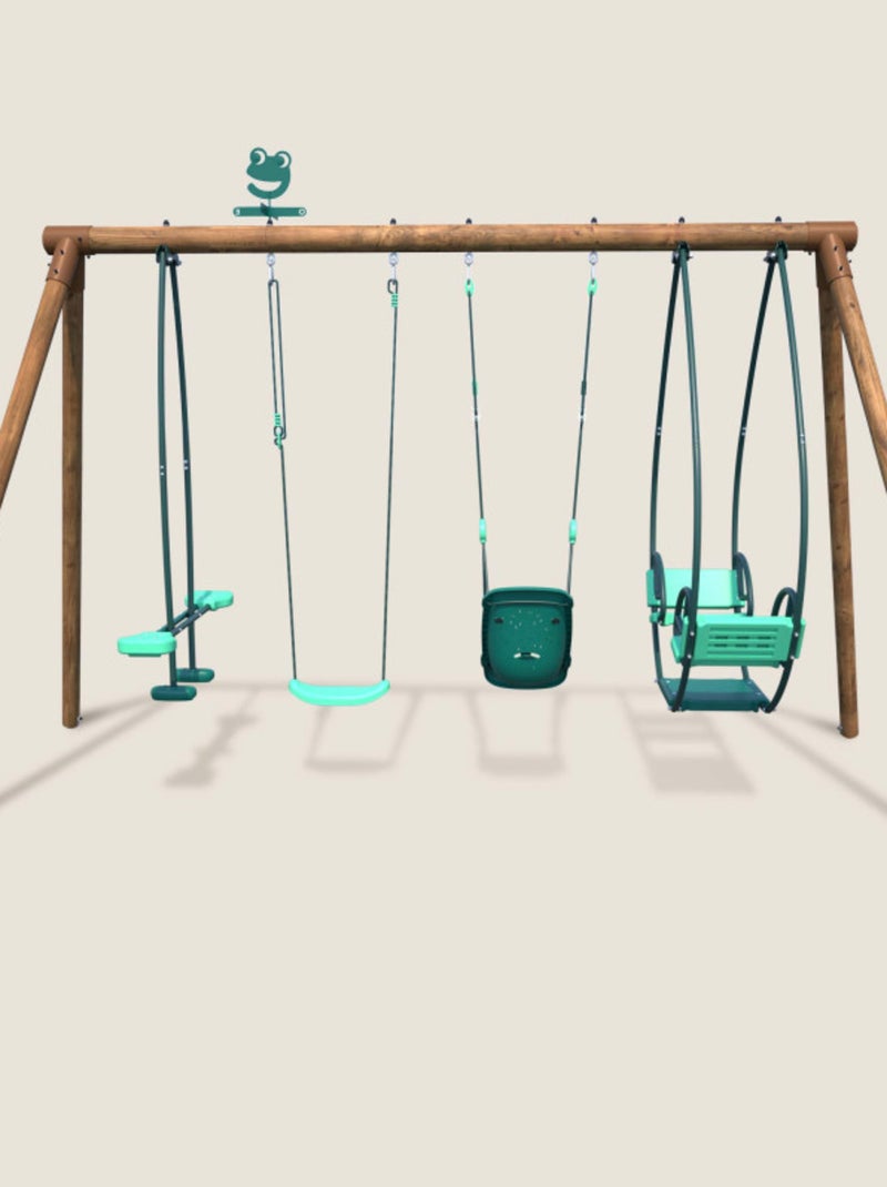 Portique en bois rond 4 agrès avec balançoire bébé et face à face SUZANNE Marron - Kiabi
