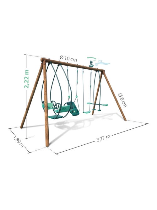 Portique en bois rond 4 agrès avec balançoire bébé et face à face SUZANNE - Kiabi