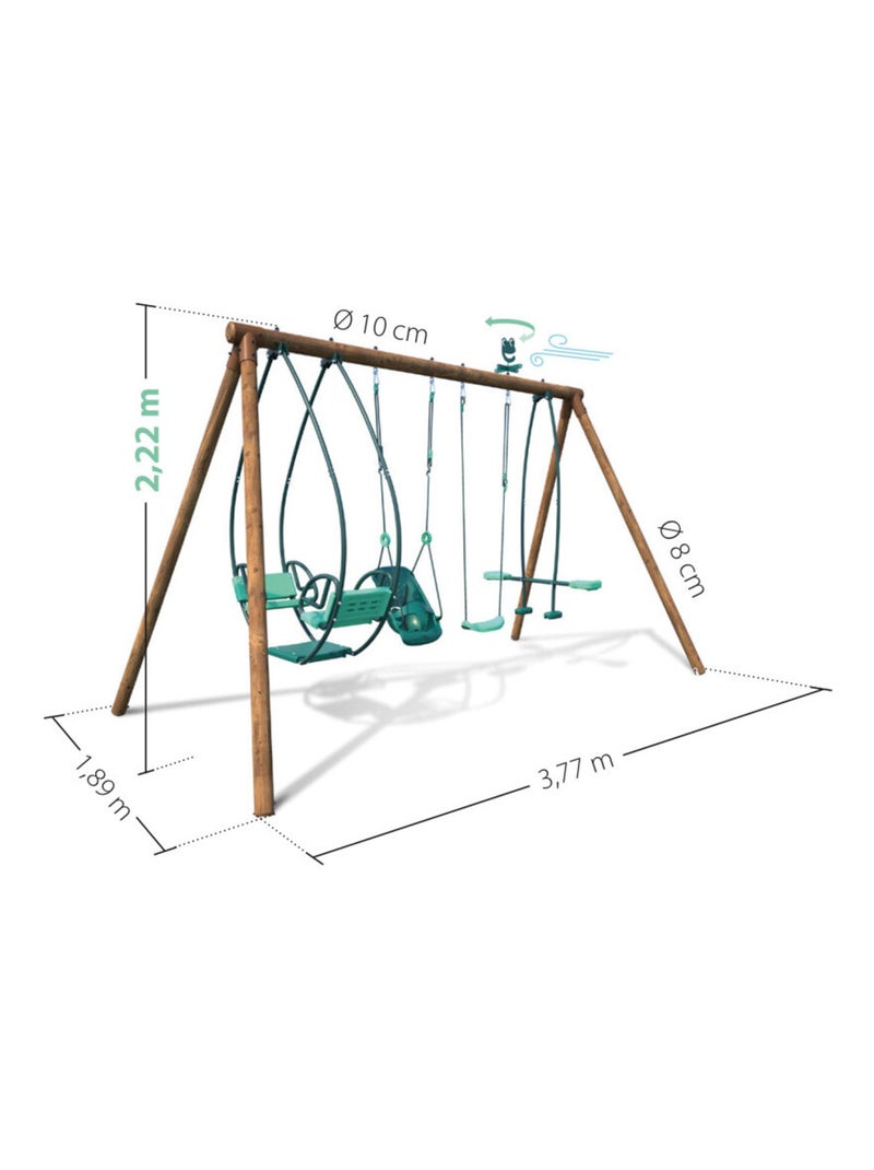Portique en bois rond 4 agrès avec balançoire bébé et face à face SUZANNE Marron - Kiabi