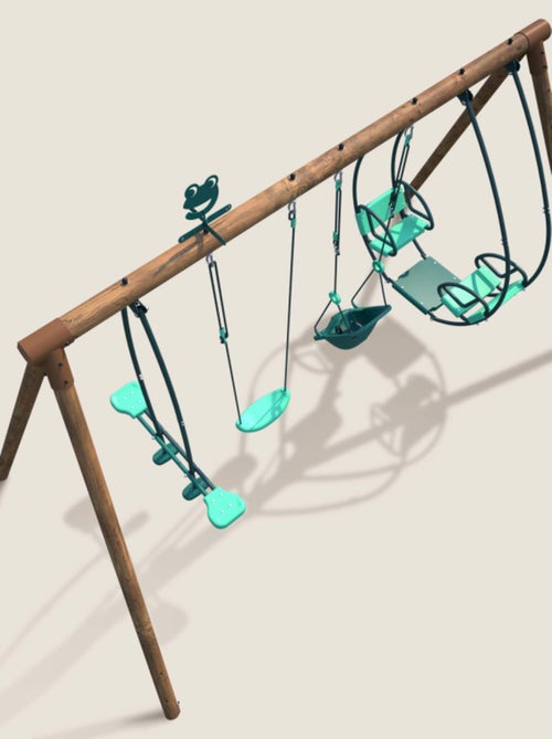 Portique en bois rond 4 agrès avec balançoire bébé et face à face SUZANNE - Kiabi