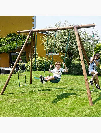Portique en bois rond 4 agrès avec corde et échelle ERNEST