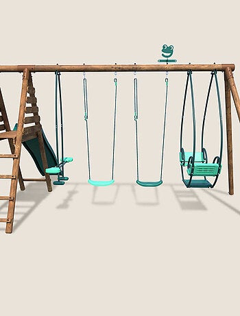 Portique en bois rond 4 agrès avec face à face et toboggan JACINTHE