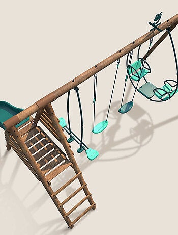 Portique en bois rond 4 agrès avec face à face et toboggan JACINTHE