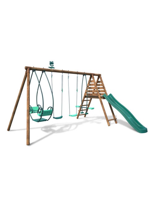 Portique en bois rond 4 agrès avec face à face et toboggan JACINTHE - Kiabi