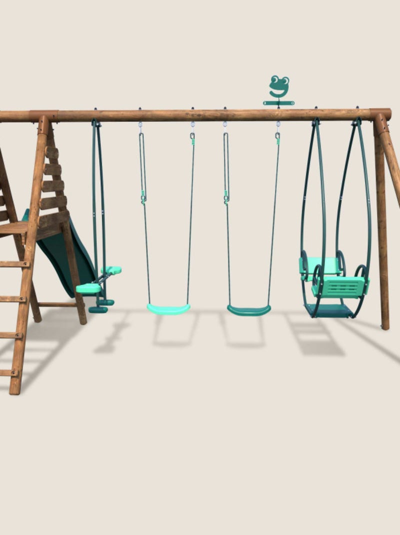 Portique en bois rond 4 agrès avec face à face et toboggan JACINTHE Marron - Kiabi