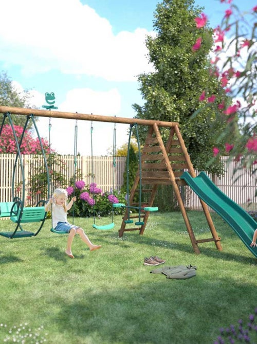 Portique en bois rond 4 agrès avec face à face et toboggan JACINTHE - Kiabi