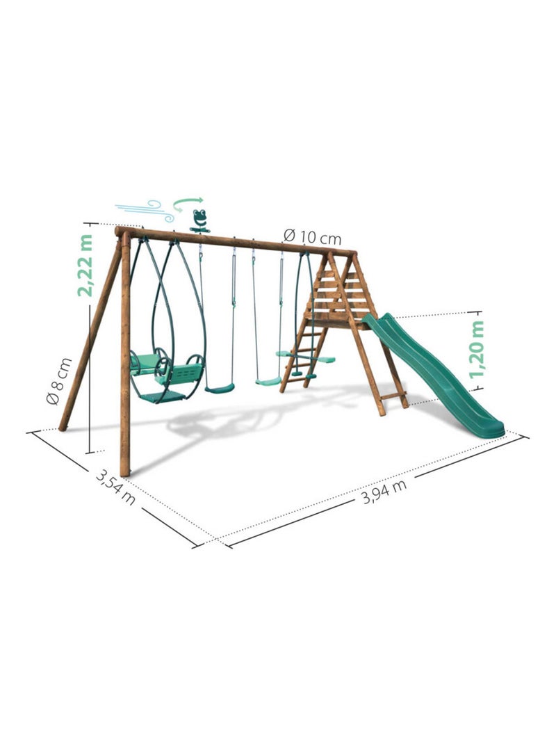 Portique en bois rond 4 agrès avec face à face et toboggan JACINTHE Marron - Kiabi